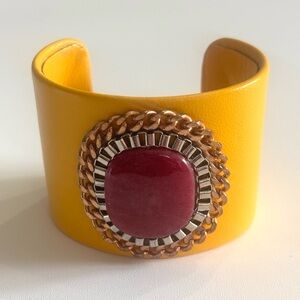 Fuchsia Agate Yellow Leather Cuff